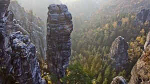 Sächsische Schweiz Sandstein Felsnadel ragt über Wald